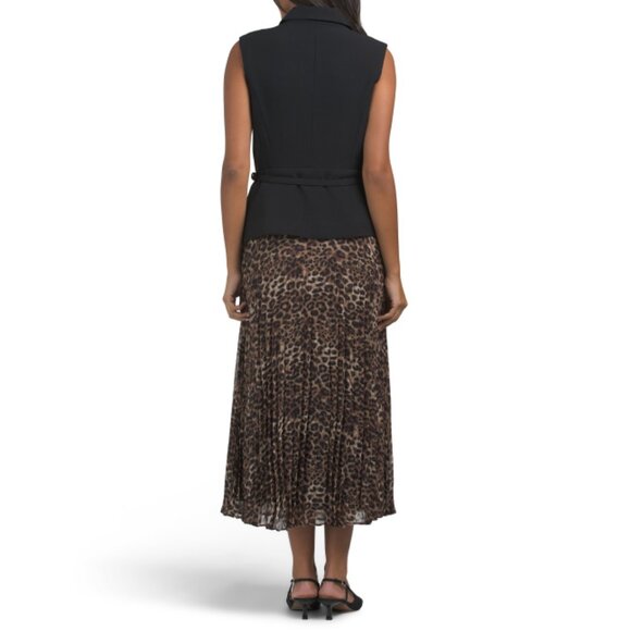 JULIA JORDAN BLACK/BROWN Belted Vest Animal Pleated Dress - Picture 2 of 2
